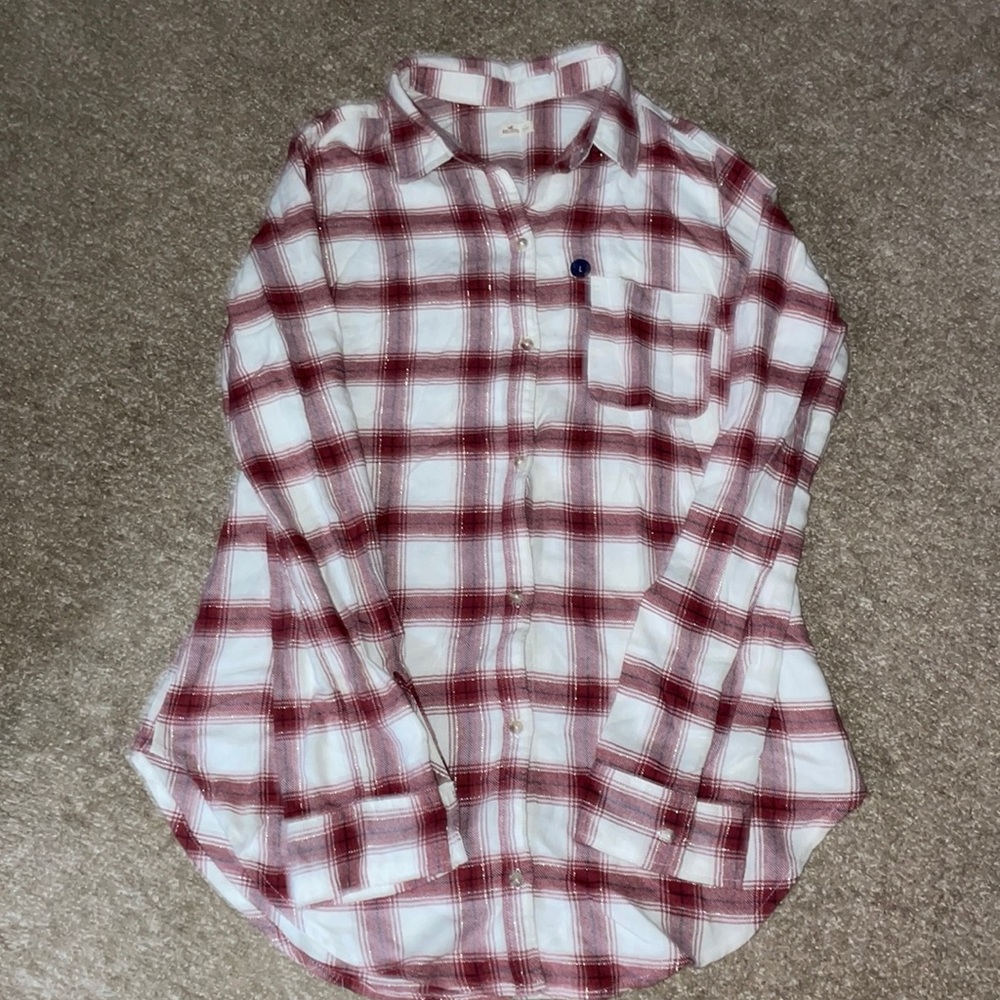 Long sleeve button down flannel from Hollister. Red, white, navy & gold. Size L.